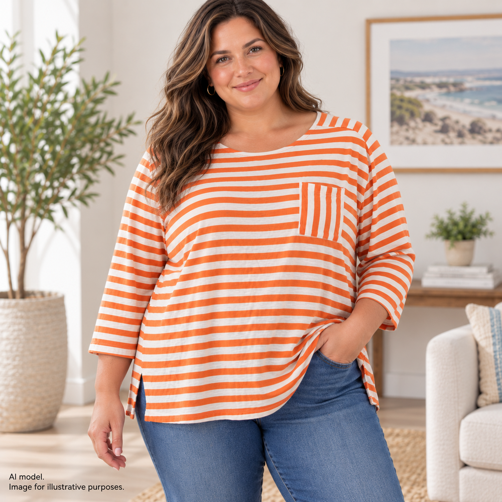 Talbots Shirt Womens 1X Orange Contrast Stripe Pocket Tee Cotton Slub Coastal